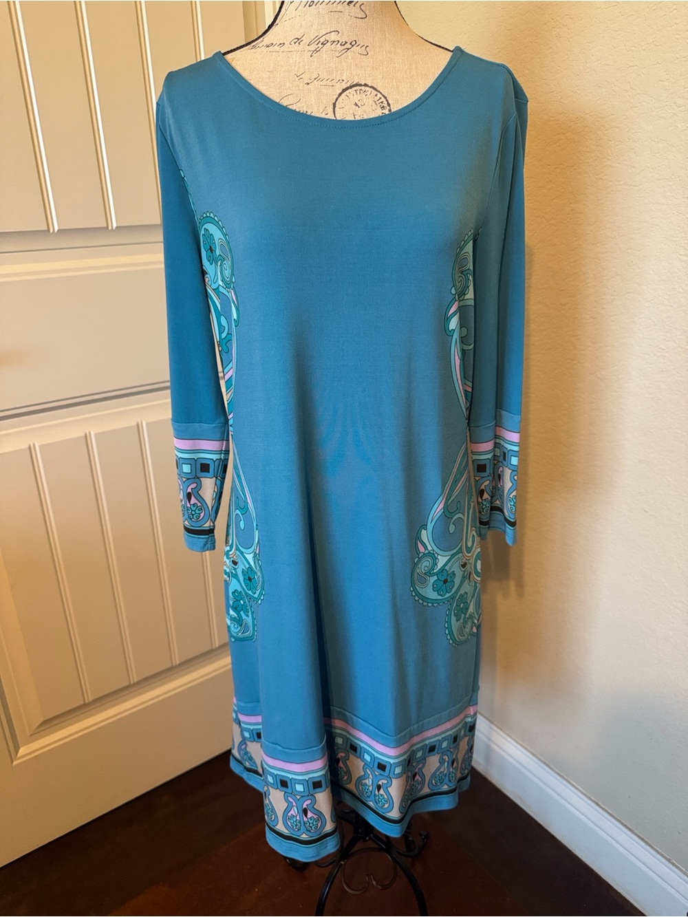 MICHAEL Michael Kors Teal Long Sleeve Border Print A-Line Dress